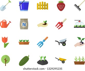 Color flat icon set wheelbarrow flat vector, cucumber, Strawberry, fertilizer vectory, tree, sprinkling machine, pitchfork, shovel, fence, seedlings, rake, watering can, bucketful, planting plants