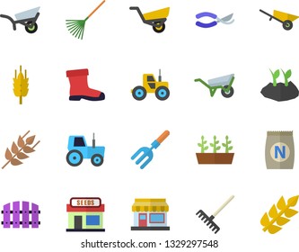 Color flat icon set wheelbarrow flat vector, ear, fertilizer vectory, grain warehouse, tractor, pitchfork, fence, secateurs, rake, planting plants, garden, gumboots, seedlings