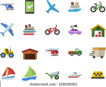 Color flat icon set wheelbarrow flat vector, pickup truck, tractor, electric cars, warehouse, express delivery, sailboat, helicopter, bicycle, aircraft fector, check in, cruise ship, yacht, taxi