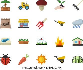 Color flat icon set wheelbarrow flat vector, mushroom, seeds, well, carrot, ladybird, grain warehouse, tractor, sprinkling machine, pitchfork, seedlings, rake, garden, house, sun, bonfire, rain