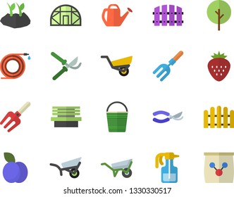 Color flat icon set wheelbarrow flat vector, Strawberry, plum, tree, pulverizer, pitchfork, hose, fence, secateurs, watering can, bucketful, planting plants, garden, bench, greenhouse