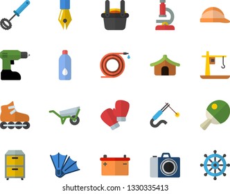 Color flat icon set wheelbarrow flat vector, drill screwdriver, hard hat, whisk, hose, accumulator, crane, welding, metallurgy, ink pen, archive, microscope, boxing gloves, roller Skates, water