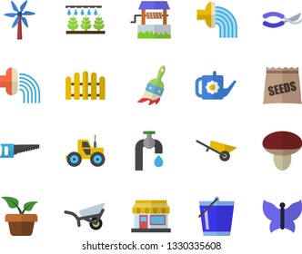 Color flat icon set wheelbarrow flat vector, mushroom, seeds, windmill, well, home plant, grain warehouse, tractor, sprinkling machine, fence, saw, secateurs, paint brush, watering can, bucketful
