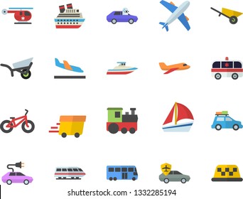 Color flat icon set wheelbarrow flat vector, garden, electric cars, autopilot, express delivery, sailboat, ambulance, helicopter, bicycle, aircraft fector, train, car, bus, arrival, cruise ship