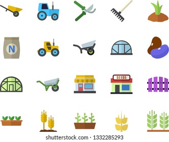 Color flat icon set wheelbarrow flat vector, legumes, ear, fertilizer vectory, grain warehouse, tractor, fence, secateurs, rake, planting plants, garden, seedlings, greenhouse