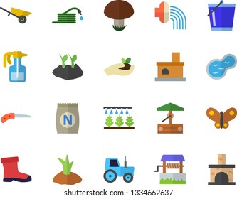 Color flat icon set wheelbarrow flat vector, mushroom, fertilizer vectory, well, pulverizer, tractor, sprinkling machine, hose, knife, seedlings, bucketful, planting plants, irrigation, gumboots