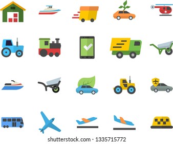 Color flat icon set wheelbarrow flat vector, tractor, garden, eco cars, autopilot, trucking, express delivery, warehouse, helicopter, aircraft fector, train, bus, check in, arrival, departure, yacht