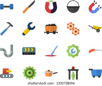Color flat icon set wheelbarrow flat vector, pipes, repair, hammer, cauldron, saute, knives, knife, conveyor, wrench, mining, cogwheel, scalpel, magnet, dumbbell, control gate fector