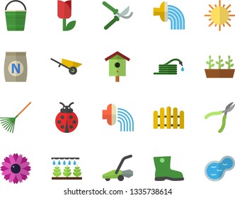 Color flat icon set wheelbarrow flat vector, fertilizer vectory, nesting box, flower, ladybird, sprinkling machine, hose, fence, secateurs, rake, bucketful, irrigation, gumboots, tulip, seedlings