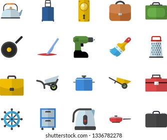 Color flat icon set wheelbarrow flat vector, drill screwdriver, tool bag, paint brush, door lock, saucepan, frying pan, teflon, teapot, electric kettle, grater, garden, case, scalpel, archive