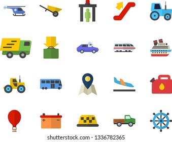 Color flat icon set wheelbarrow flat vector, pickup truck, tractor, accumulator, canister, autopilot, trucking, helicopter, train fector, bus, escalator, balloon, control gate, arrival, get luggage