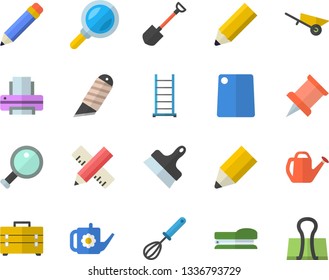 Color flat icon set wheelbarrow flat vector, tool bag, ladder, measure, putty knife, stationery, whisk, cutting board, shovel, watering can, magnifier, printer, pencil, stapler, pushpin, binder clip