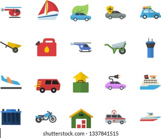 Color flat icon set wheelbarrow flat vector, accumulator, canister, eco cars, electric, autopilot, trucking, sailboat, warehouse, ambulance, helicopter, car fector, airport tower, motorcycle, yacht