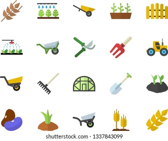 Color flat icon set wheelbarrow flat vector, ear, legumes, tractor, sprinkling machine, pitchfork, shovel, fence, secateurs, rake, planting plants, garden, seedlings, greenhouse