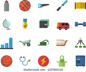 Color flat icon set wheelbarrow flat vector, fence, apron, kitchen spatula, piece of cake, hose, saw, chart, purse, trucking, stethoscope, ink pen, hierarchy, globe, lightning, dumbbell, basketball