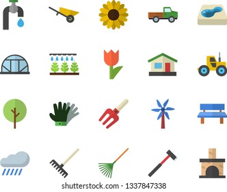 Color flat icon set wheelbarrow flat vector, ax, windmill, pickup truck, tree, flower, tractor, sprinkling machine, pitchfork, rake, tulip, house, water tap, gloves, rain, bench, pool, greenhouse