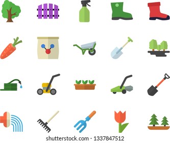 Color flat icon set wheelbarrow flat vector, carrot, tree, pulverizer, pitchfork, shovel, hose, fence, rake, irrigation, gumboots, tulip, seedlings, lawn mower, fertilizer vectory, forest