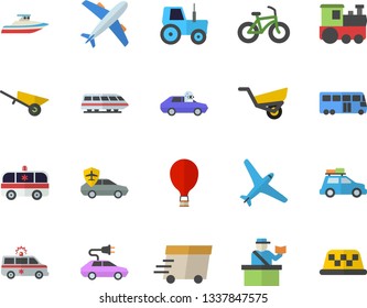 Color flat icon set wheelbarrow flat vector, tractor, garden, electric cars, autopilot, express delivery, ambulance, bicycle, aircraft fector, train, car, bus, balloon, passport control, yacht, taxi