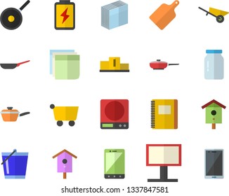 Color flat icon set wheelbarrow flat vector, frying pan, saute, teflon, weighing machine, cutting board, glass jar, nesting box, bucketful, battery, grocery trolley, billboard, sticker, notebook