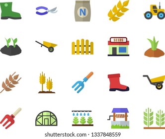 Color flat icon set wheelbarrow flat vector, ear, fertilizer vectory, well, grain warehouse, tractor, sprinkling machine, pitchfork, fence, secateurs, planting plants, garden, gumboots, greenhouse