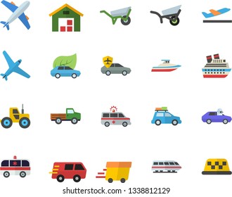Color flat icon set wheelbarrow flat vector, pickup truck, tractor, garden, eco cars, autopilot, trucking, express delivery, warehouse, ambulance, aircraft fector, train, car, departure, cruise ship
