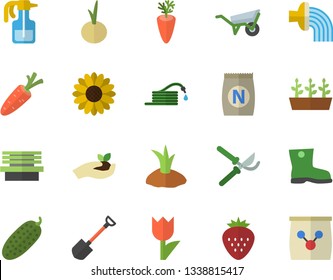 Color flat icon set wheelbarrow flat vector, carrot, onion, cucumber, Strawberry, fertilizer vectory, flower, pulverizer, shovel, hose, secateurs, seedlings, planting plants, irrigation, gumboots