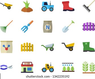 Color flat icon set wheelbarrow flat vector, fertilizer vectory, grain warehouse, tractor, sprinkling machine, pitchfork, shovel, fence, secateurs, rake, planting plants, garden, gumboots, ear
