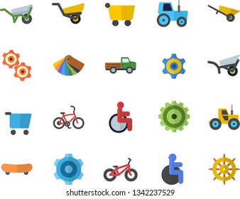 Color flat icon set wheelbarrow flat vector, cogwheel, color scheme, pickup truck, tractor, garden, grocery trolley, disabled, skateboard, bicycle, fector, steering wheel