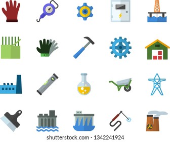 Color flat icon set wheelbarrow flat vector, level meter, switch box, putty knife, hammer, spring balance, gloves, oil production platform, chemistry, power line support, hydroelectric station