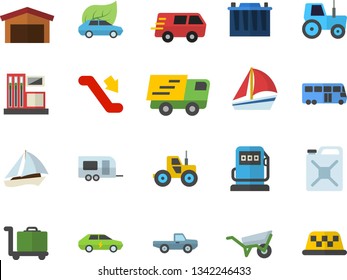 Color flat icon set wheelbarrow flat vector, pickup truck, tractor, gas station, refueling, accumulator, canister, eco cars, electric, warehouse, trucking, sailboat, trailer fector, bus, escalator