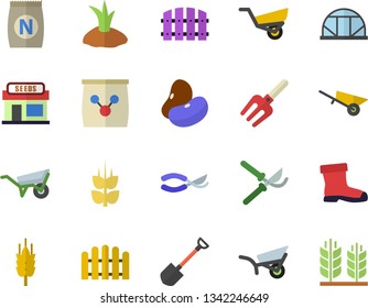 Color flat icon set wheelbarrow flat vector, legumes, ear, fertilizer vectory, grain warehouse, pitchfork, shovel, fence, secateurs, planting plants, garden, gumboots, greenhouse