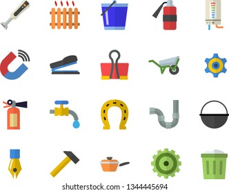 Color flat icon set wheelbarrow flat vector, pipes, hammer, boiler, cauldron, saute, blender, horseshoe, bucketful, water tap, magnet, radiator, cogwheel, ink pen, stapler, binder clip, trash can