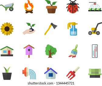 Color flat icon set wheelbarrow flat vector, ax, thermometer, nesting box, home plant, tree, flower, pulverizer, ladybird, sprinkling machine, pitchfork, paint brush, seedlings, hose irrigation