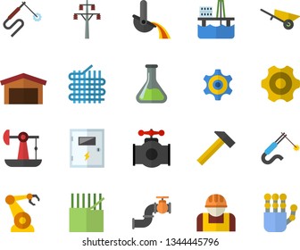 Color flat icon set wheelbarrow flat vector, cogwheel, switch box, hammer, oil production platform, pumping, main pipeline, chemistry, power line support, construction worker, fabric manufacture