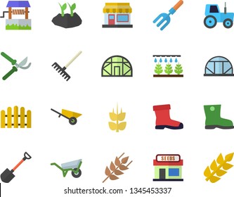Color flat icon set wheelbarrow flat vector, ear, well, grain warehouse, tractor, sprinkling machine, pitchfork, shovel, fence, secateurs, rake, planting plants, gumboots, greenhouse