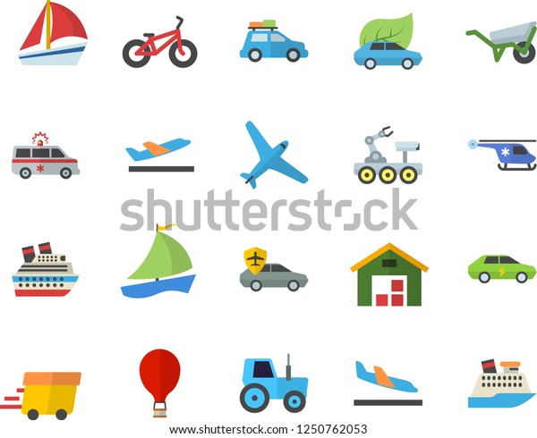 Color flat icon set wheelbarrow flat vector,\
tractor, eco cars, electric, autopilot, express delivery, sailboat,\
warehouse, ambulance, helicopter, lunar rover, bicycle, aircraft\
fector, car, balloon