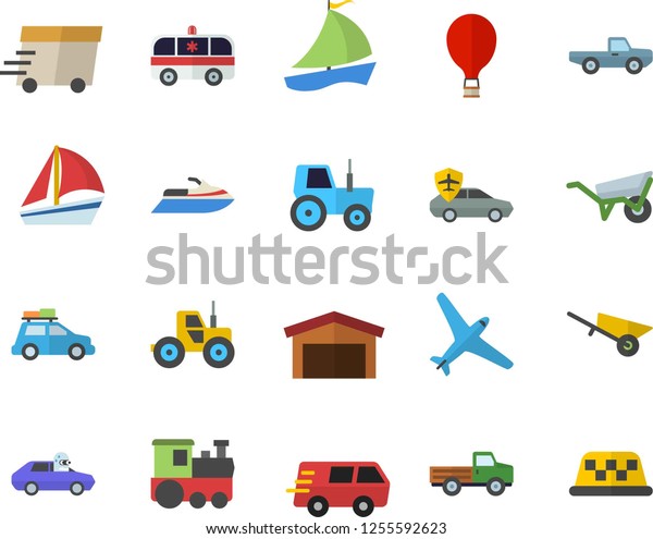 Color flat icon set wheelbarrow flat vector, pickup
truck, tractor, autopilot, warehouse, trucking, express delivery,
sailboat, ambulance, aircraft fector, train, car, balloon, water
scooter, taxi