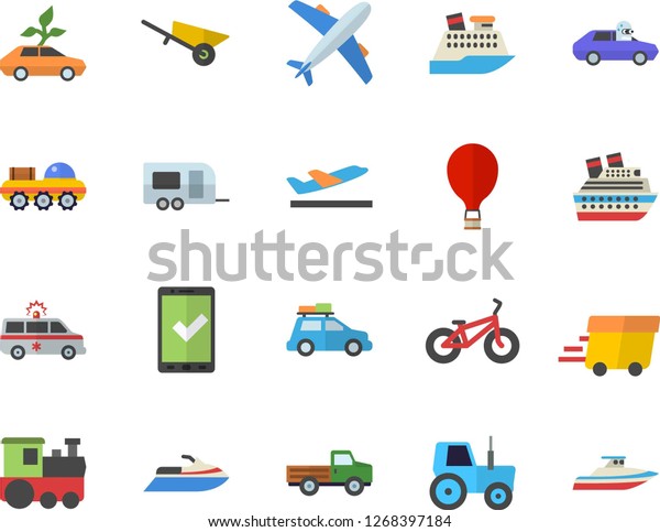 Color flat icon set wheelbarrow flat vector, pickup\
truck, tractor, eco cars, autopilot, express delivery, ambulance,\
lunar rover, bicycle, train fector, car, trailer, balloon,\
aircraft, check in