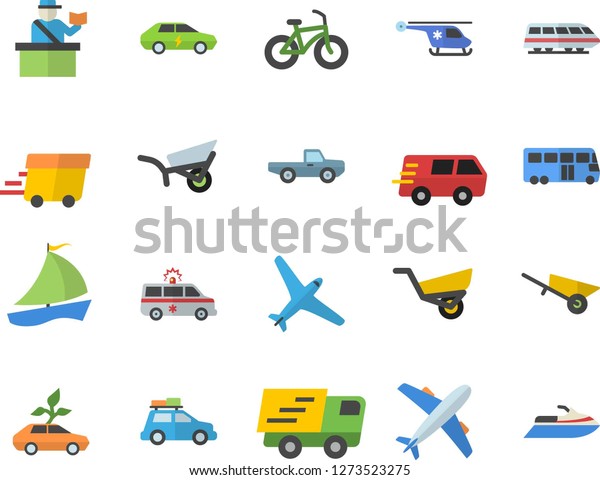 Color flat icon set wheelbarrow flat vector, pickup\
truck, garden, eco cars, electric, trucking, express delivery,\
sailboat, ambulance, helicopter, bicycle, aircraft fector, train,\
car, bus