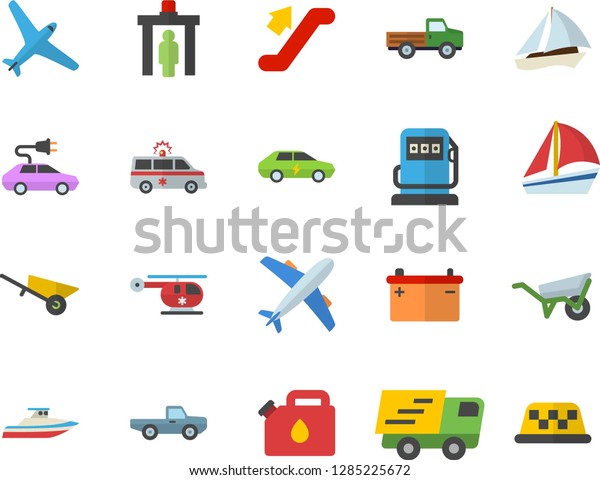 Color flat icon set wheelbarrow flat vector, pickup\
truck, refueling, accumulator, canister, electric cars, trucking,\
sailboat, ambulance, helicopter, aircraft fector, escalator,\
control gate, yacht