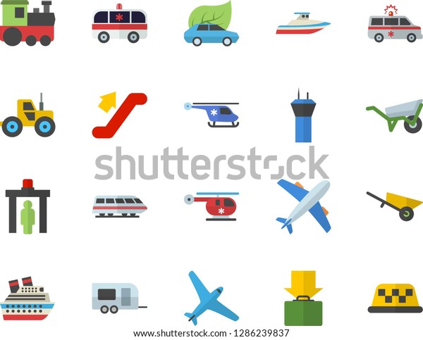 Color flat icon set wheelbarrow flat vector,\
tractor, eco cars, ambulance, helicopter, aircraft fector, train,\
trailer, escalator, airport tower, control gate, get luggage,\
cruise ship, yacht, taxi