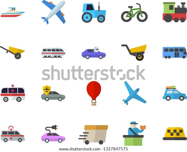 Color flat icon set wheelbarrow flat vector,\
tractor, garden, electric cars, autopilot, express delivery,\
ambulance, bicycle, aircraft fector, train, car, bus, balloon,\
passport control, yacht,\
taxi