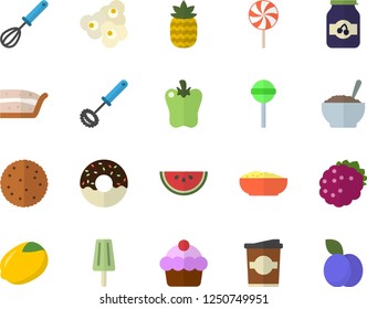 Color flat icon set whisk flat vector, lemon, biscuit, cake, watermelon, piece of, donut, porridge, lollipop, bell pepper, popcorn, ice cream, coffe, jam, blackberry, pineapple, plum