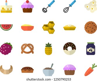 Color flat icon set whisk flat vector, bagel, croissant, cake, watermelon, cupcake, donut, porridge, pie, popcorn, jam, blackberry, pineapple, honeycomb, biscuit, carrot