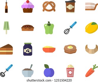 Color flat icon set whisk flat vector, sauce, lemon, bagel, croissant, cake, piece of, porridge, pie, bell pepper, popcorn, ice cream, coffe, jam, plum, pancakes, carrot