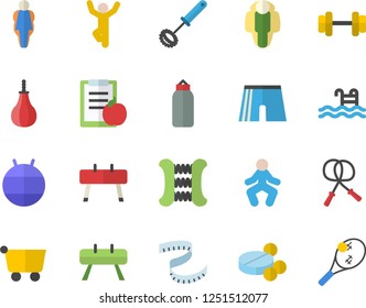 Color flat icon set whisk flat vector, grocery trolley, pills, dumbbell, diet, centimeter, skipping rope, carpal expander, sports equipment horse, pear, athletic shorts, fitball, gymnastics, pool