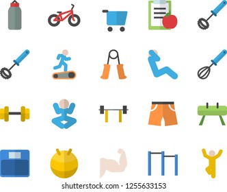 Color flat icon set whisk flat vector, grocery trolley, dumbbell, barbell, diet, weighing machine, muscles, bicycle, carpal expander, parallel bars, sports equipment horse, pear, athletic shorts
