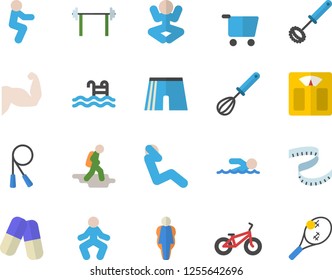 Color flat icon set whisk flat vector, grocery trolley, pills, barbell, weighing machine, centimeter, muscles, bicycle, skipping rope, athletic shorts, yoga, swimming, gymnastics, squats, pool, size