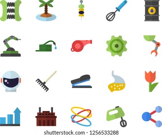 Color flat icon set whisk flat vector, mixer, canape, hose, rake, tulip, oil tanks, plant, cogwheel, robotics, stomach, stapler, robot hand, astronaut helmet fector, whistle, achievement chart, hoop