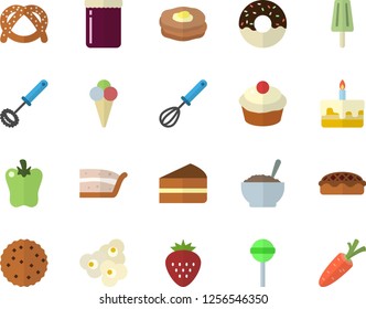 Color flat icon set whisk flat vector, bagel, cupcake, piece of cake, donut, porridge, pie, lollipop, bell pepper, popcorn, ice cream, jam, Strawberry, pancakes, biscuit, carrot